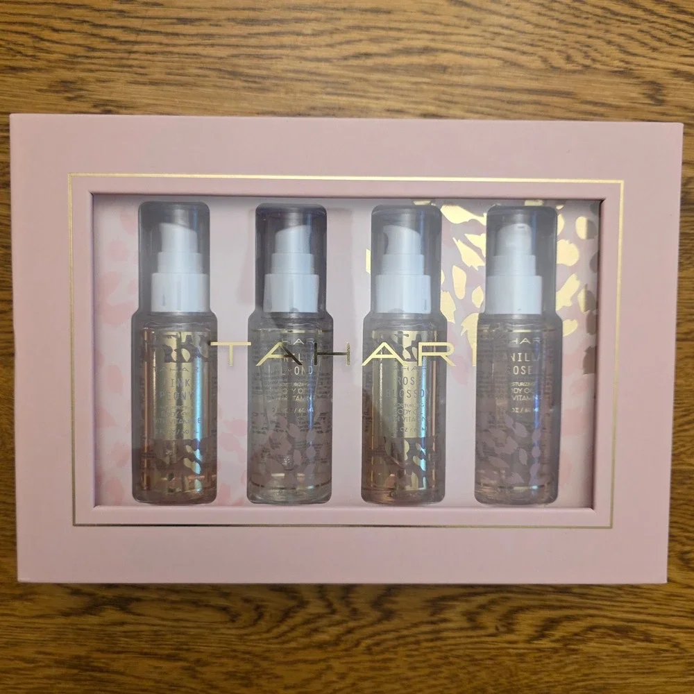 Tahari Body Oil Lotion Gift 4 Pack Pink Peony Almond Rose Blossom Vanilla Rose